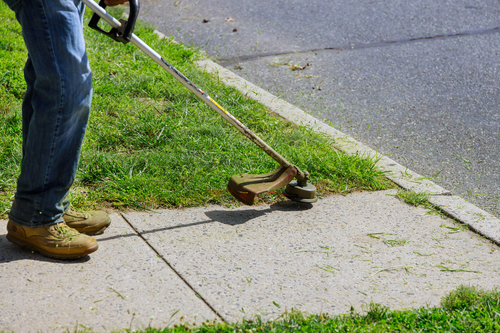 Bottom half of person edging a lawn near a driveway